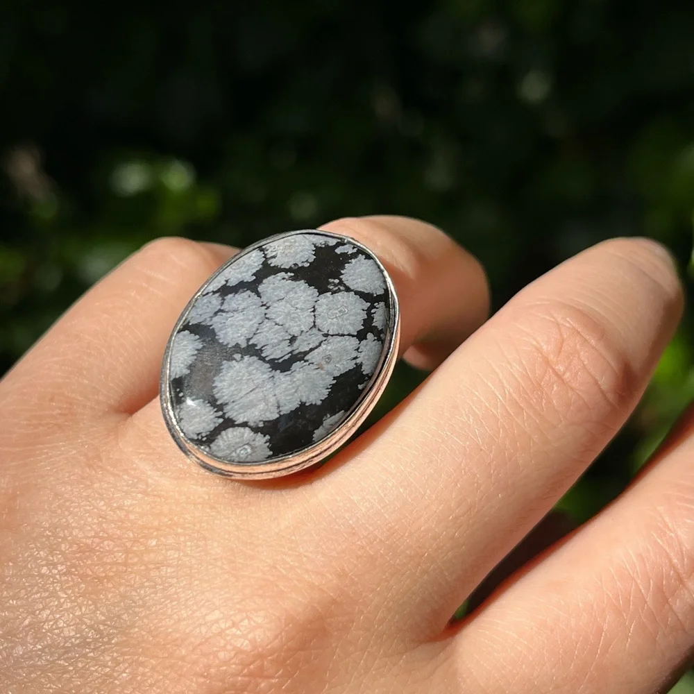 Size 6.75 925 silver plated snow flake obsidian ring‎